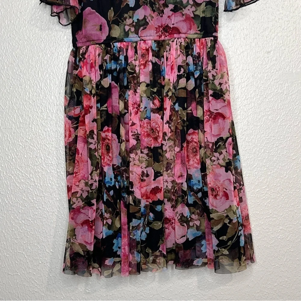 Justice Girls Size 10 Black Pink Floral Dress Velvet Trim Semi-sheer Shoulders